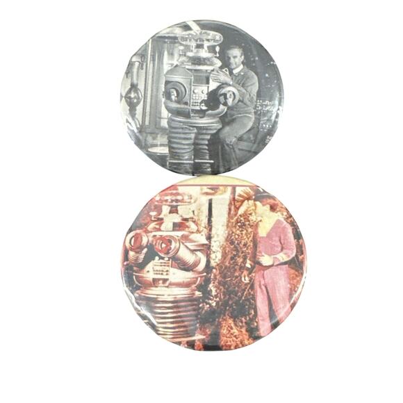 Lost In Space Robot Pins Two 2 1/4” Diameter Pinback TV Show British - Picture 1 of 6